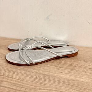 Alexandre Birman Metallic Leather Slip On Flat Sandals Silver Women's Size EU 38